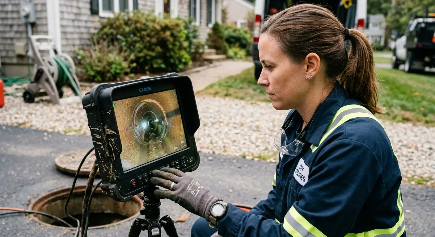 Technician reviewing sewer camera inspection footage in White Plains
