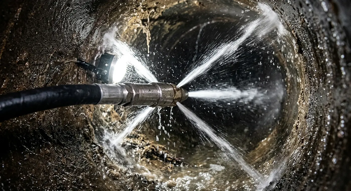 High-pressure hydro jetting nozzle cleaning sewer pipe for Storm Drain Cleaning in White Plains