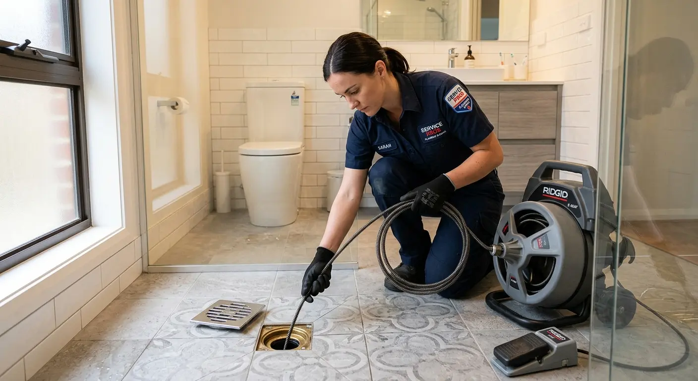 Technician clearing a bathroom floor drain for Drain Cleaning in White Plains